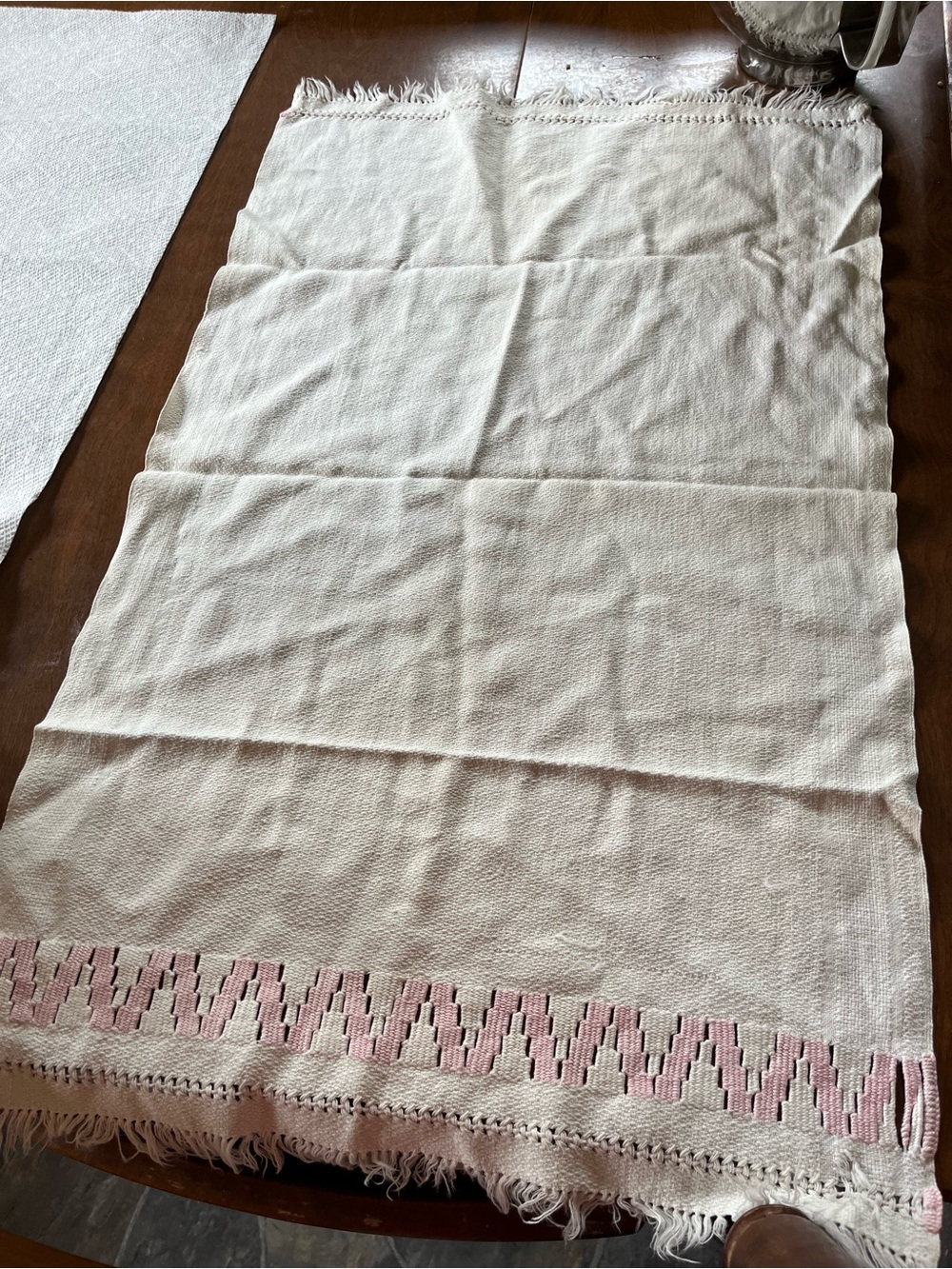 Vintage hand embroidered cream and pink tea towel